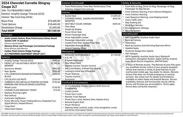 Used 2024 Amplify Orange Tintcoat Chevrolet Stingray image 11