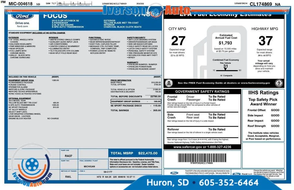 Used 2012 Ford Focus SE with VIN 1FAHP3K24CL174869 for sale in Huron, SD