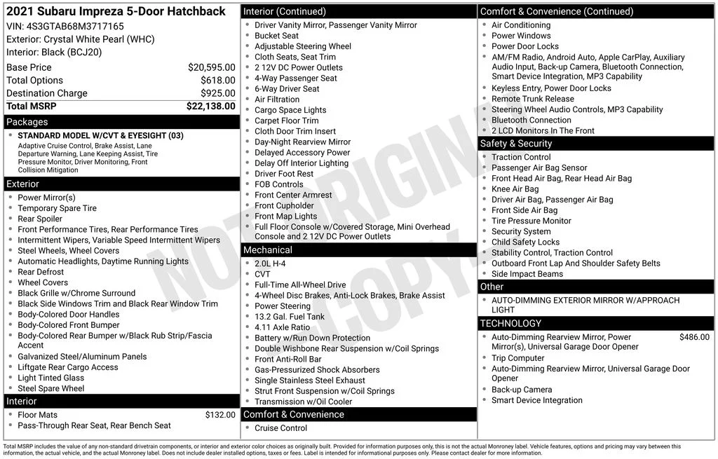 Used 2021 White Subaru Base image 3