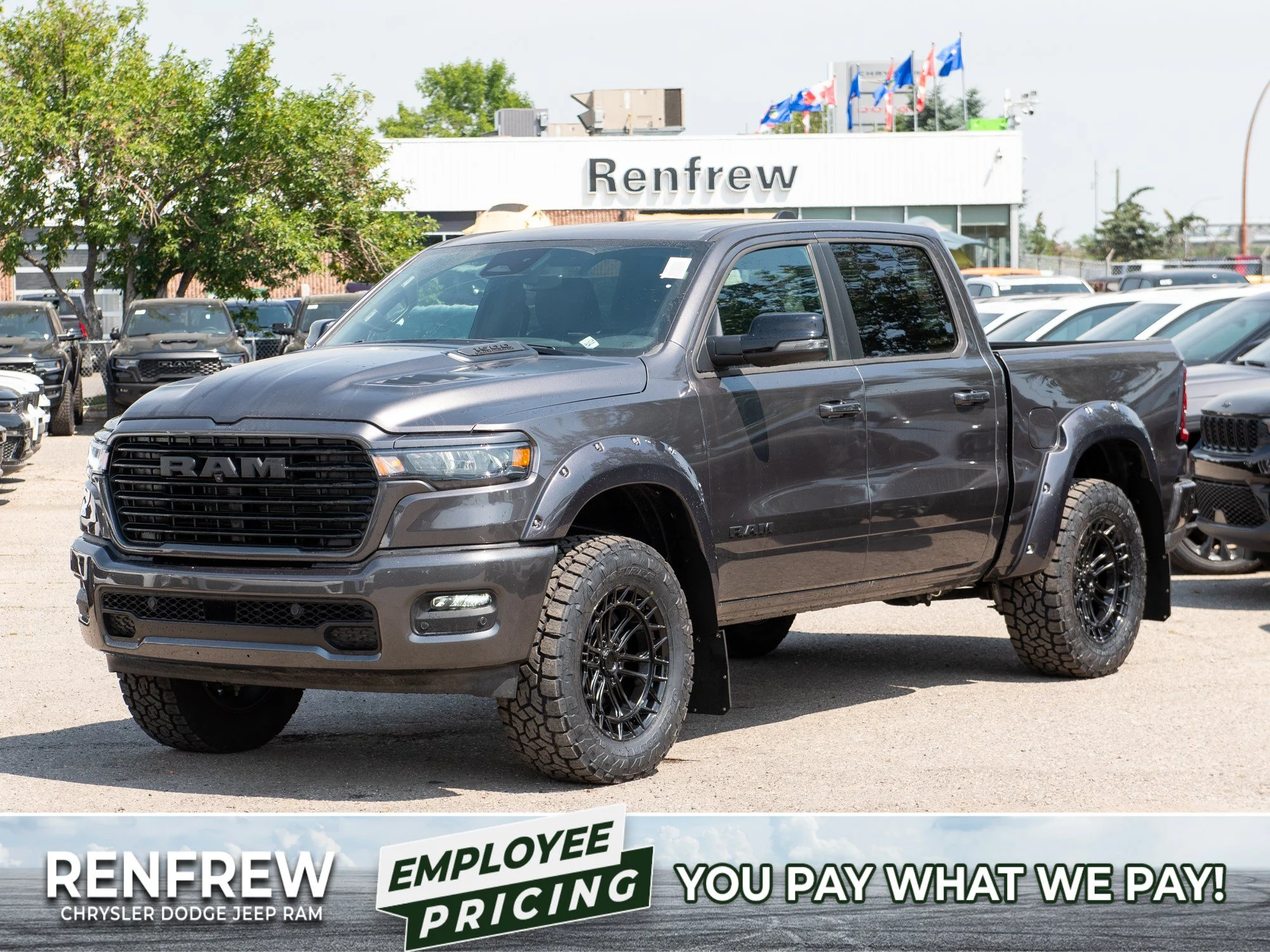 New 2026 Grey RAM Sport* Crew Cab 4x4, 3.5 Inch Lift, 35 Inch Tires, Fuel Wheels, Trigger Industries Mudflaps image 1