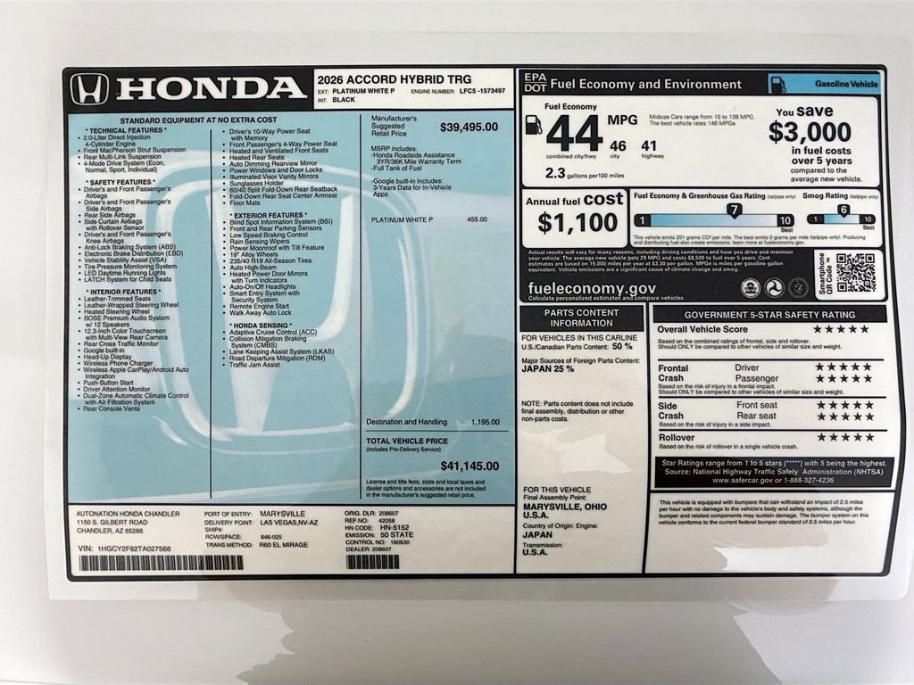 New 2026 Platinum White Pearl Honda Touring image 9