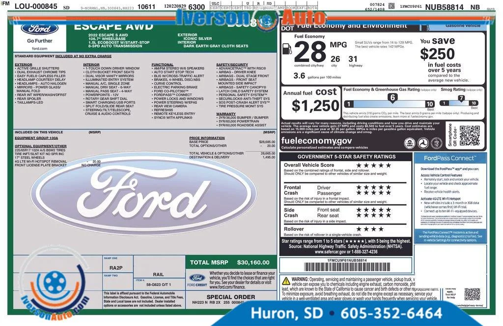 Used 2022 Ford Escape S with VIN 1FMCU9F61NUB58814 for sale in Huron, SD