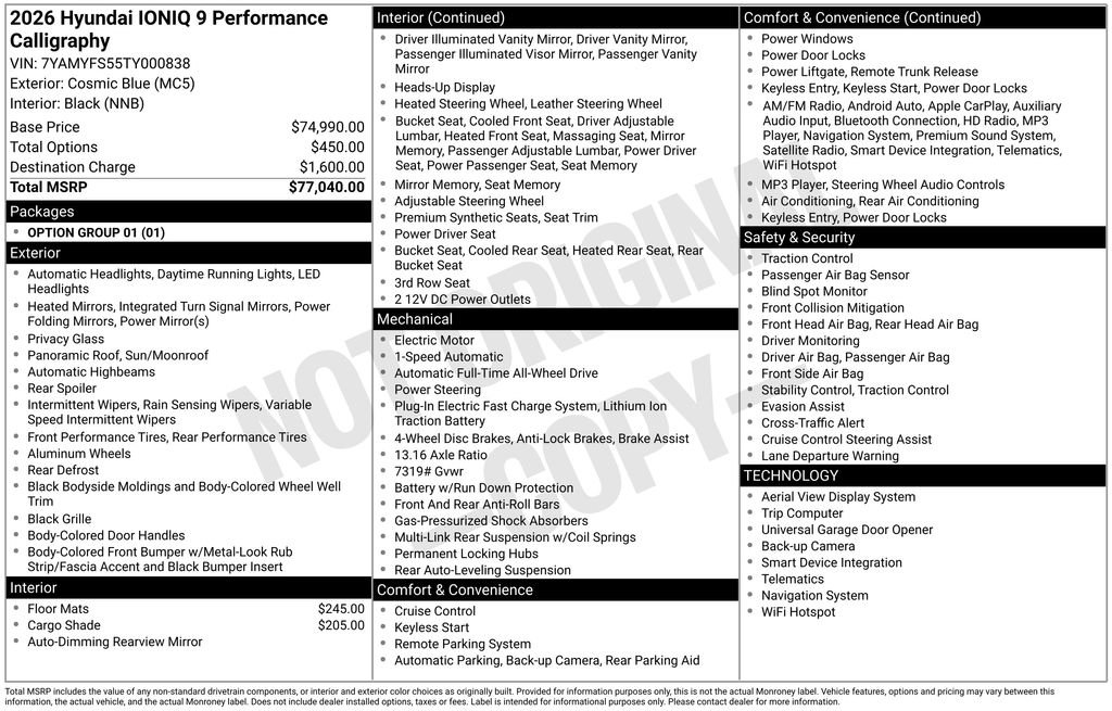 Used 2026 Hyundai IONIQ 9 Performance Calligraphy with VIN 7YAMYFS55TY000838 for sale in Highland Park, IL