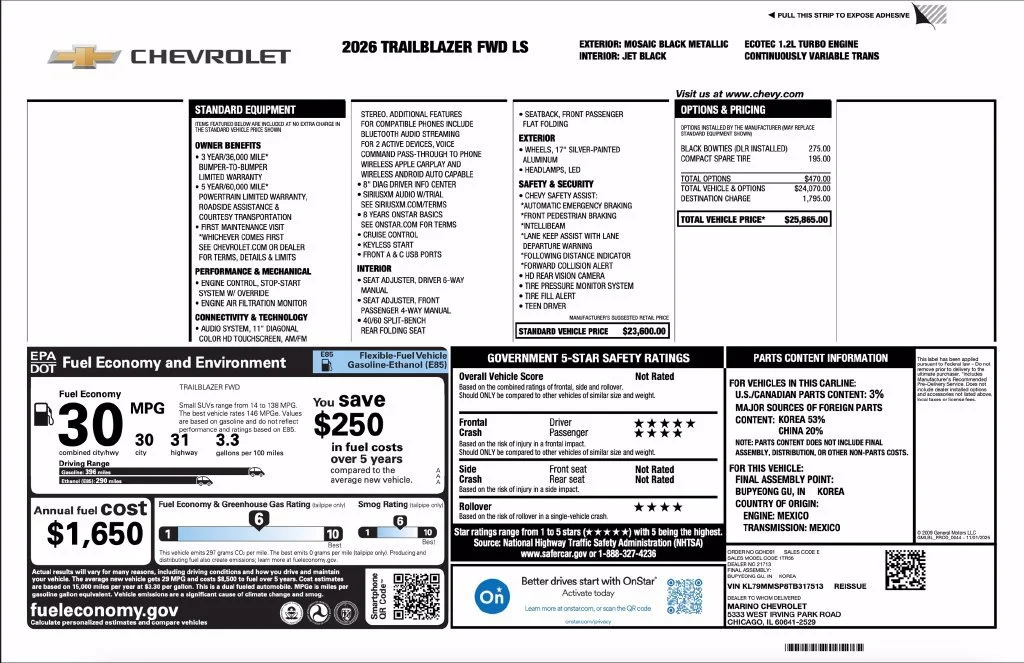 New 2026 Mosaic Black Metallic Chevrolet LS image 2