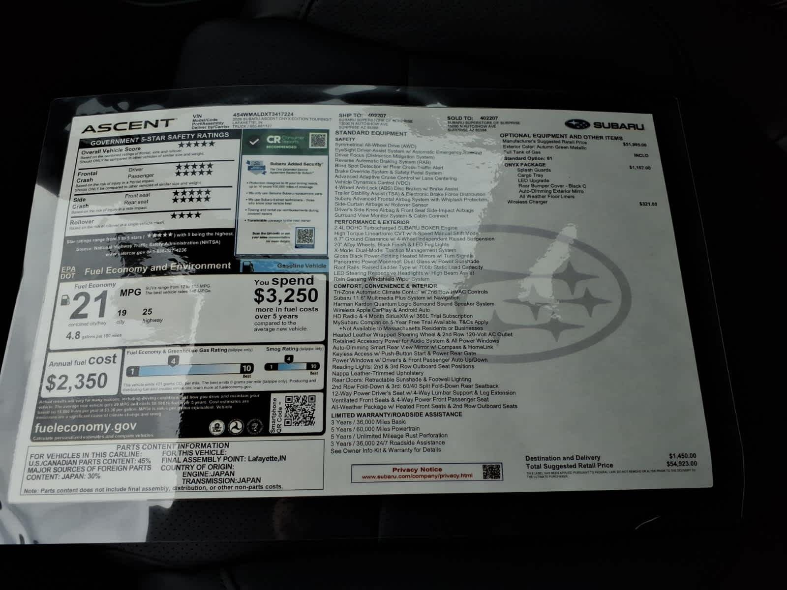 New 2026 AUTUMN GREEN METALLIC Subaru Onyx Edition Touring 7-Passenger image 40