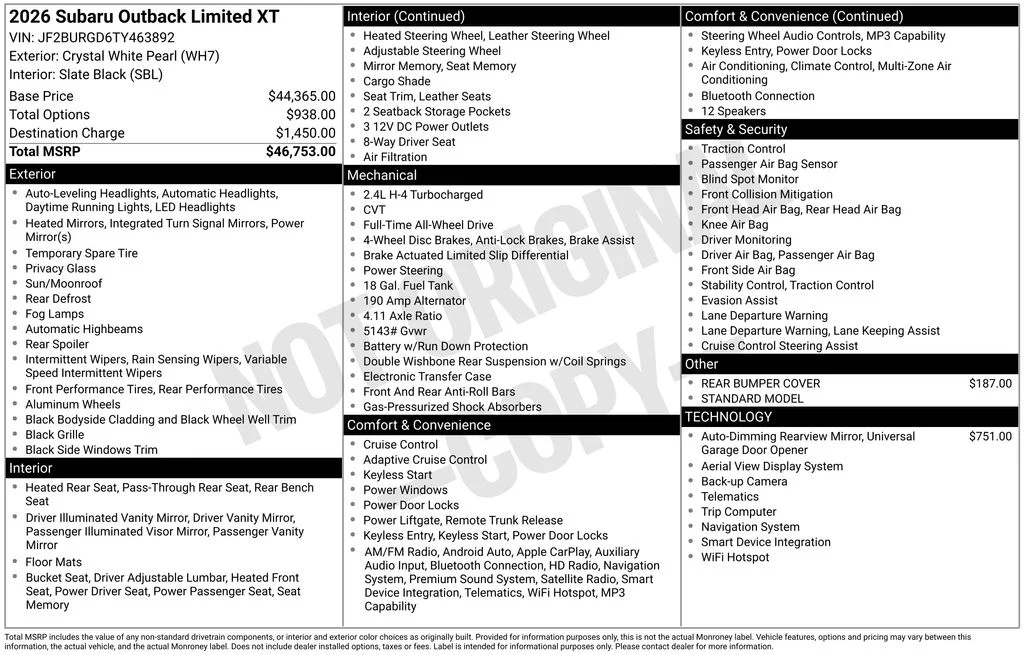 New 2026 CRYSTAL WHITE PEARL Subaru Limited XT image 49