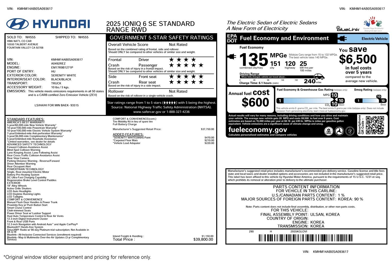 Used 2025 Hyundai IONIQ 6 SE with VIN KMHM14AB0SA093617 for sale in Costa Mesa, CA