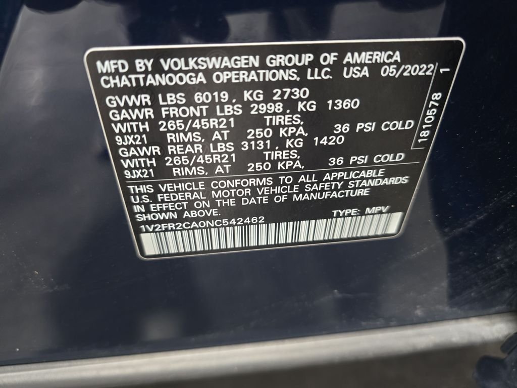 Used 2022 Blue Volkswagen 3.6L V6 SEL Premium R-Line image 26