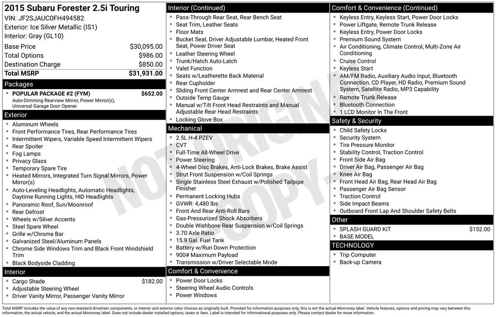 Used 2015 Silver Subaru 2.5i Touring image 2