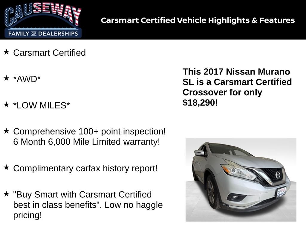 Certified 2017 Nissan Murano SL with VIN 5N1AZ2MH7HN118756 for sale in Stafford Township, NJ