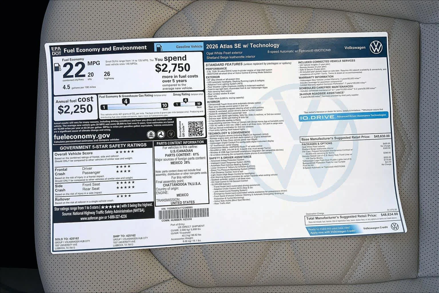 New 2026 Opal White Pearl Volkswagen 2.0T SE w/Technology image 22