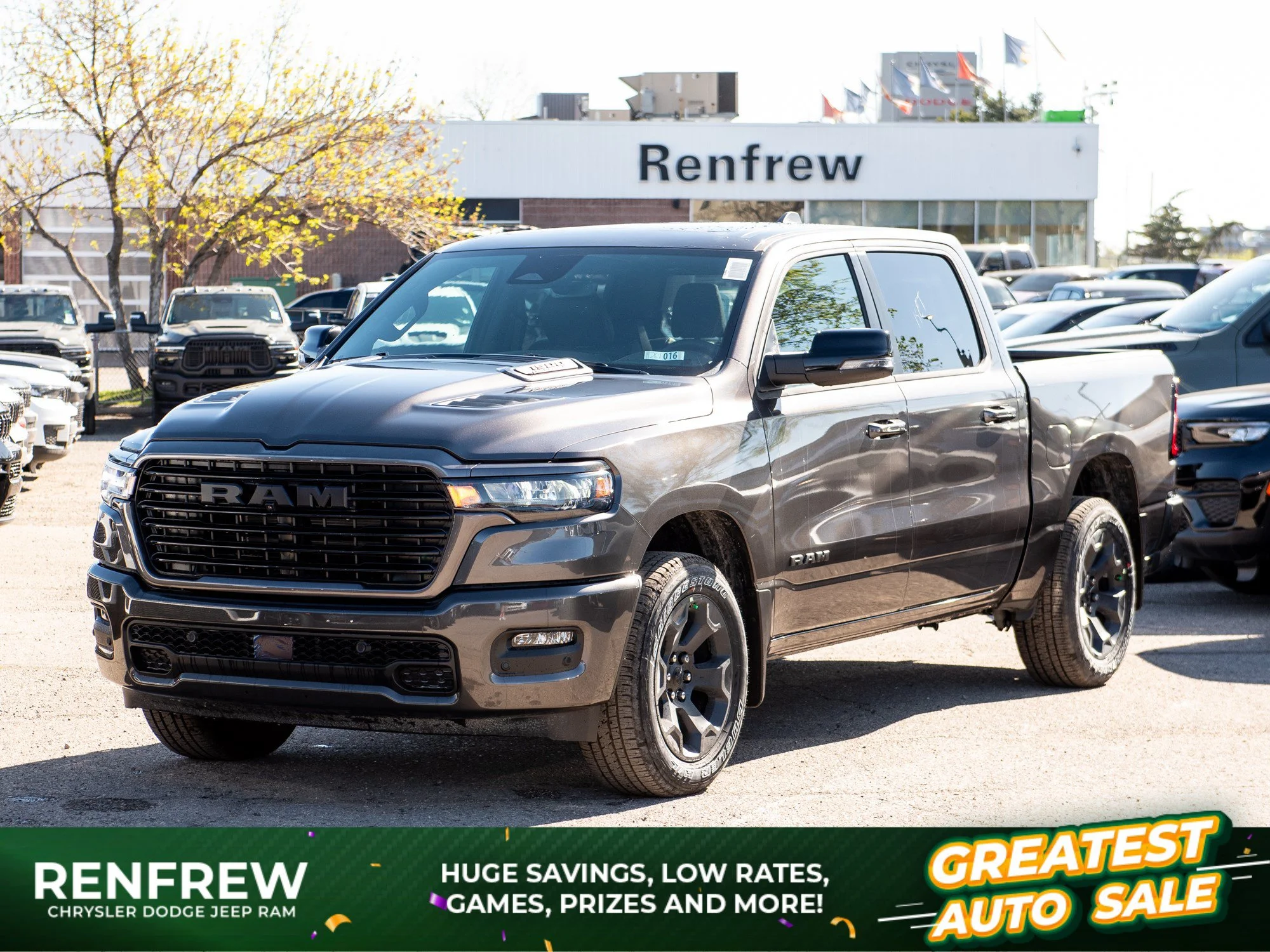 New 2026 Grey RAM Sport* Crew Cab 4x4, Panoramic Sunroof, Heated Seats/Wheel, Alpine Audio image 1