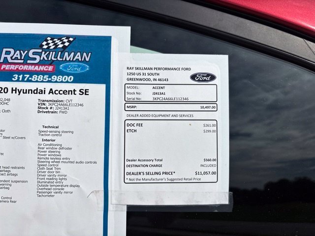 Used 2020 Hyundai Accent SE with VIN 3KPC24A66LE112346 for sale in Greenwood, IN