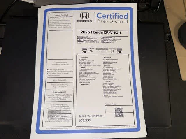 Certified Used 2025 Platinum White Pearl Honda EX-L image 13