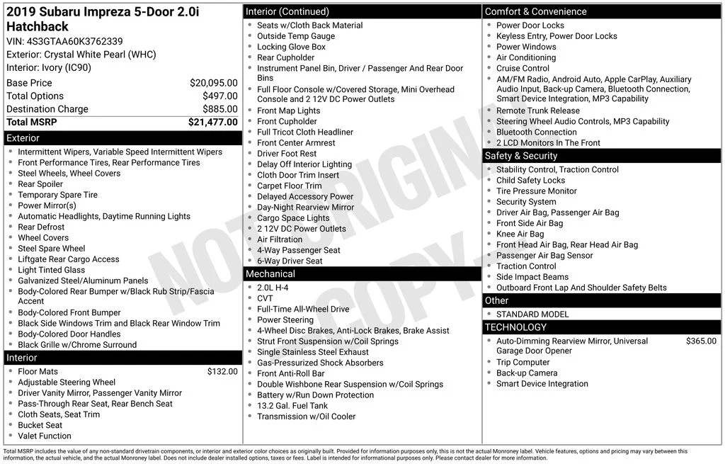 Certified Used 2019 White Subaru 2.0i image 5