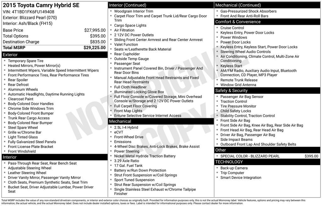 Used 2015 Toyota Camry SE Hybrid with VIN 4T1BD1FK6FU149408 for sale in Gainesville, FL