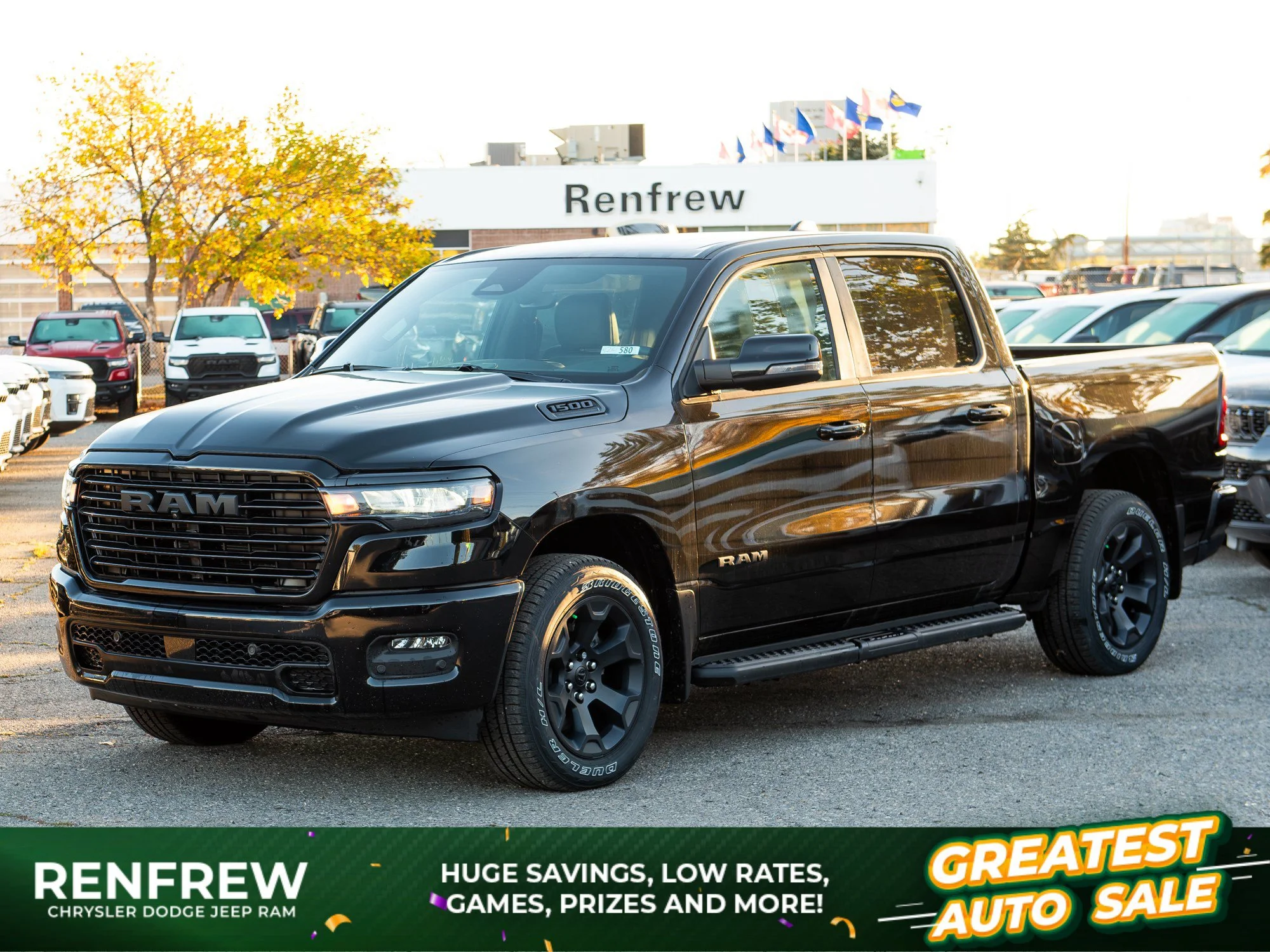 New 2026 Black RAM Sport* Crew Cab 4x4, Heated Seats/Steering Wheel, Nav, 3.92 Rear Axle, Running Boards image 1