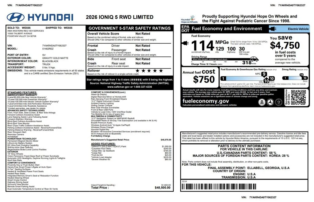 Used 2026 Hyundai IONIQ 5 Limited with VIN 7YAKR4DA0TY062327 for sale in Phoenix, AZ