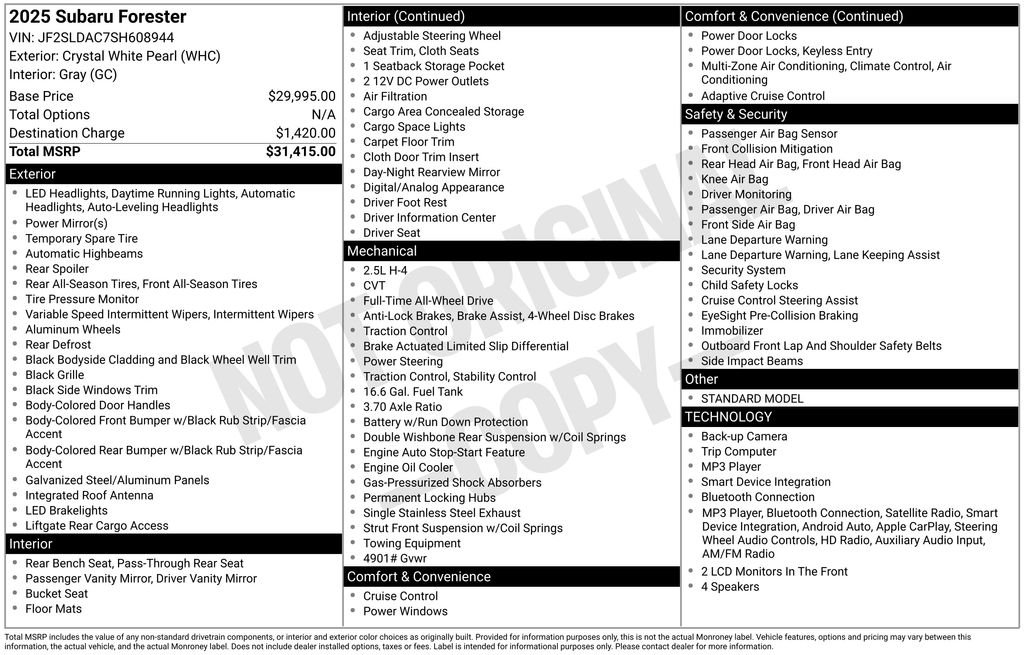 Used 2025 White Subaru Base image 1