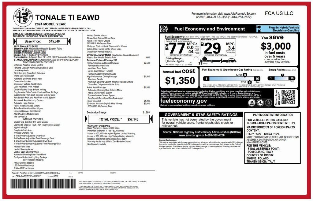 Used 2024 Alfa Romeo Tonale TI with VIN ZASPATCW2R3052307 for sale in Kansas City