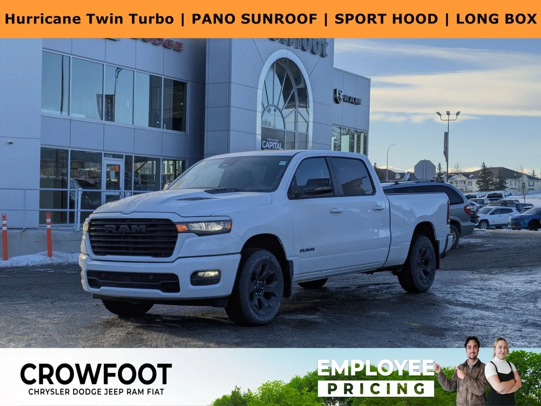 New 2026 White RAM Sport - - 64 Box - Panoramic Sunroof - Sport Performance Hood - Hurricane Turbo & More! image 1