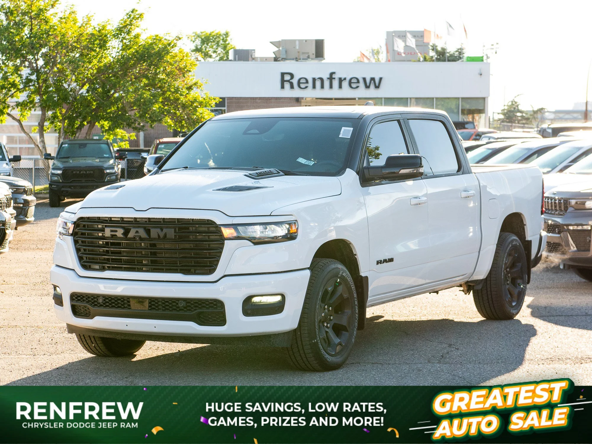New 2026 White RAM Sport* Crew Cab 4x4, Pano Sunroof, Heated Seats/Wheel, Adaptive Cruise image 1