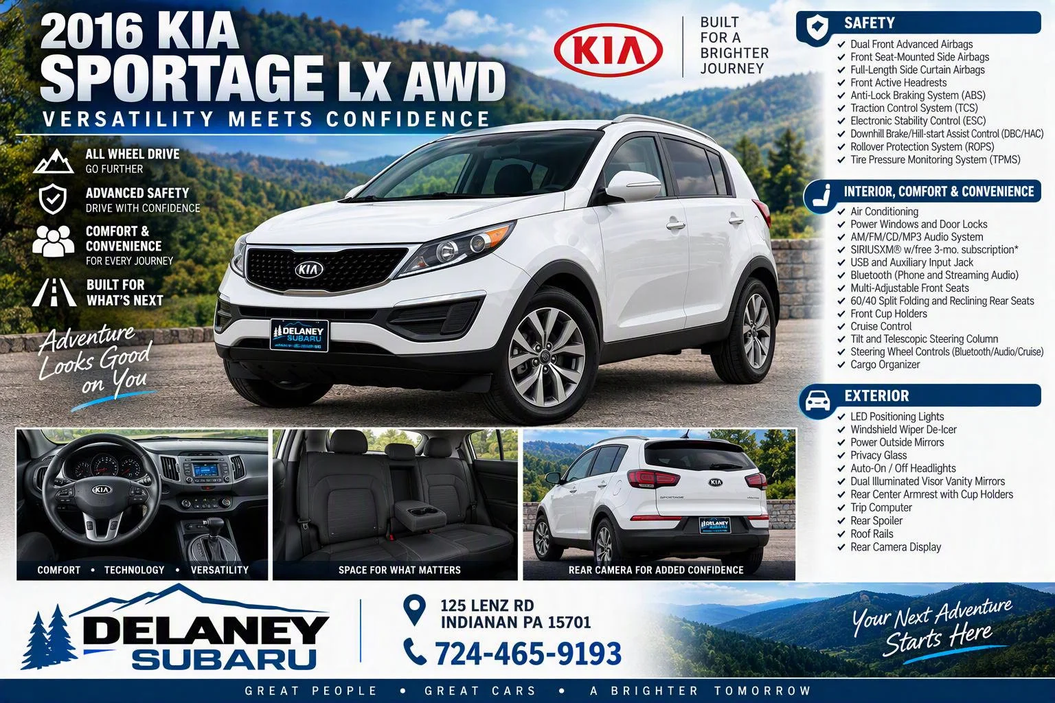 Used 2016 Kia Sportage LX with VIN KNDPBCAC4G7850704 for sale in Indiana, PA