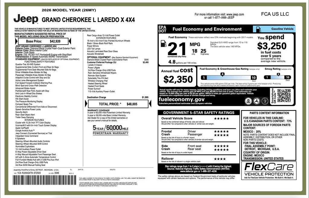 New 2026 Diamond Black Crystal Pearlcoat Jeep Laredo image 2
