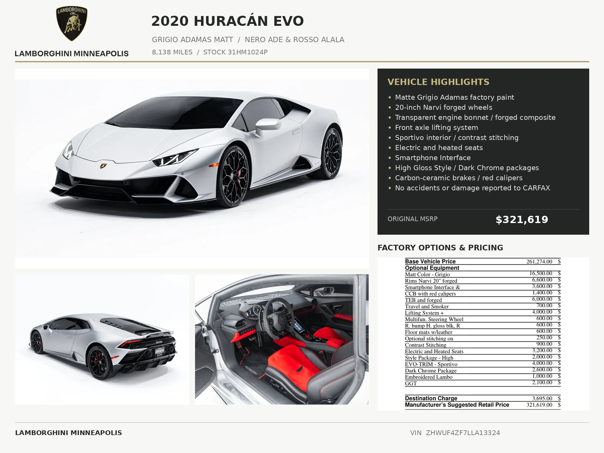 Used 2020 Lamborghini Huracan EVO with VIN ZHWUF4ZF7LLA13324 for sale in Bloomington, Minnesota