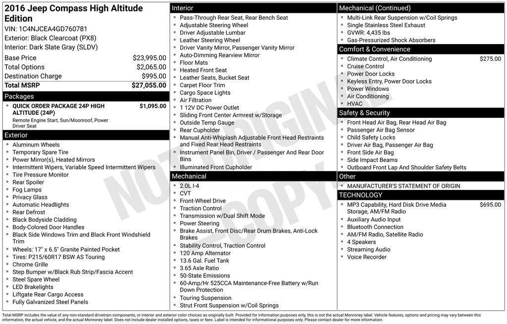 Used 2016 Jeep Compass High Altitude with VIN 1C4NJCEA4GD760781 for sale in Bryan, OH