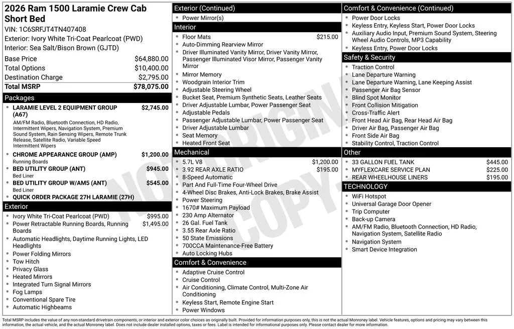 New 2026 Ivory White Tri-Coat Pearl-Coat Exterior Paint RAM Laramie image 7