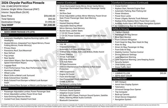 New 2026 Bright White Clear-Coat Exterior Paint Chrysler Pinnacle image 39
