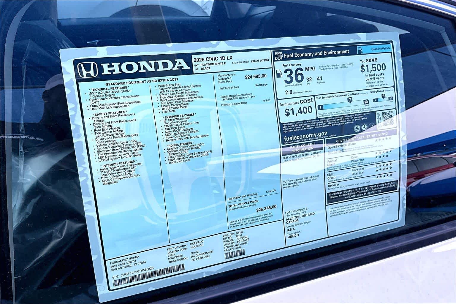 New 2026 Platinum White Pearl Honda LX image 18