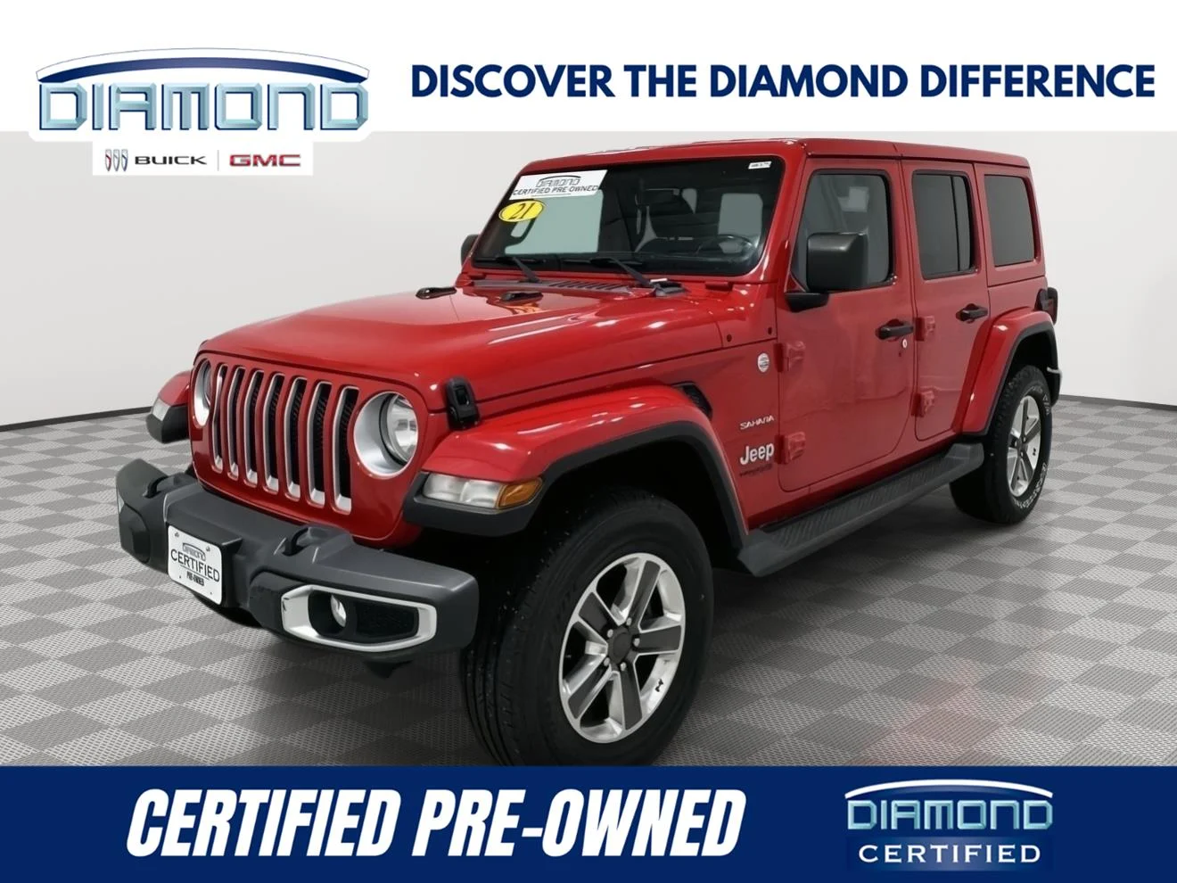 Used 2021 Firecracker Red Jeep Unlimited Sahara image 1