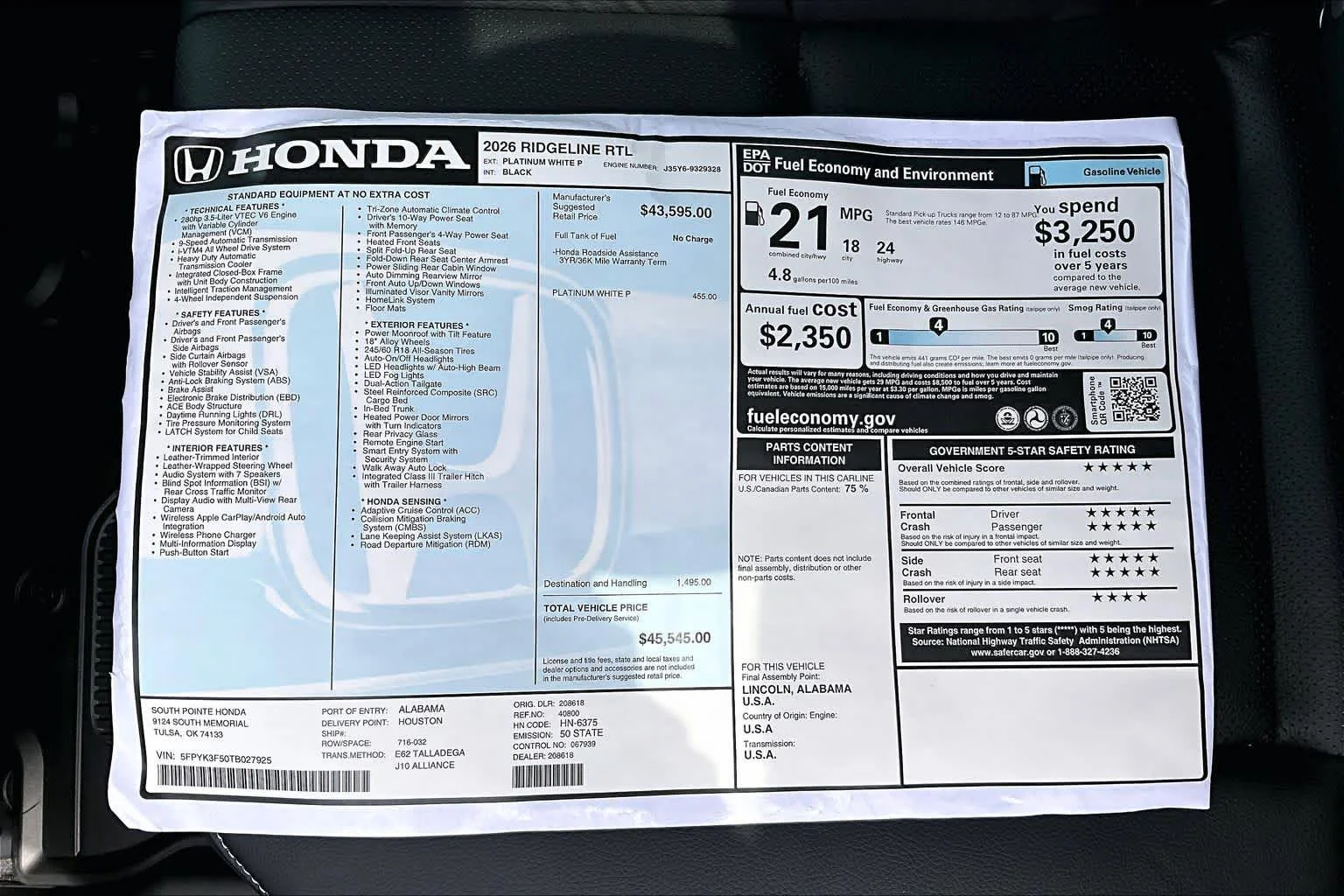 New 2026 Platinum White Pearl Honda RTL image 22