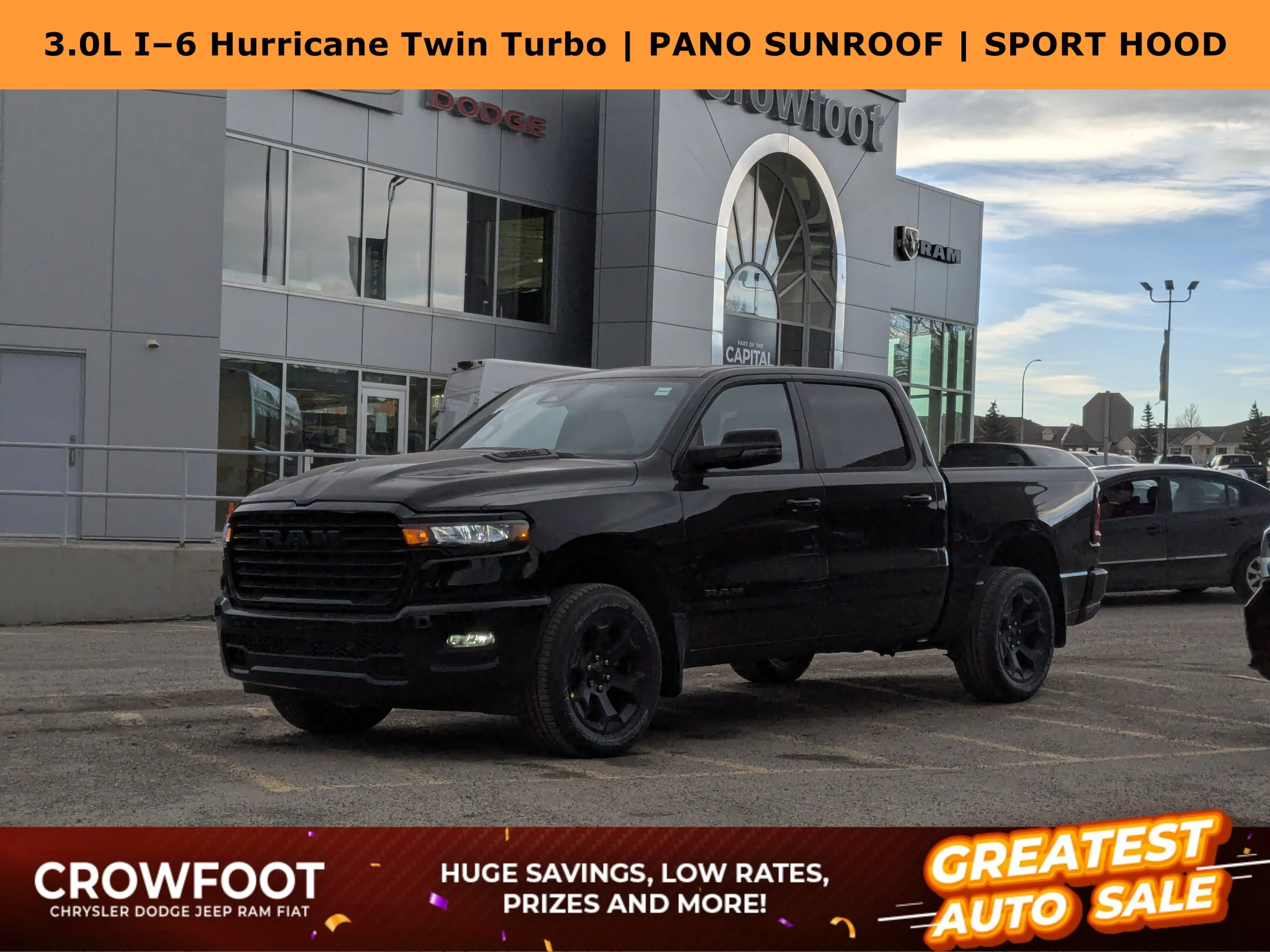 New 2026 Black RAM Sport - - Pano Sunroof - Sport Perf Hood - Anti-Spin Rear Axle - Trailer Brake Control & More! image 1