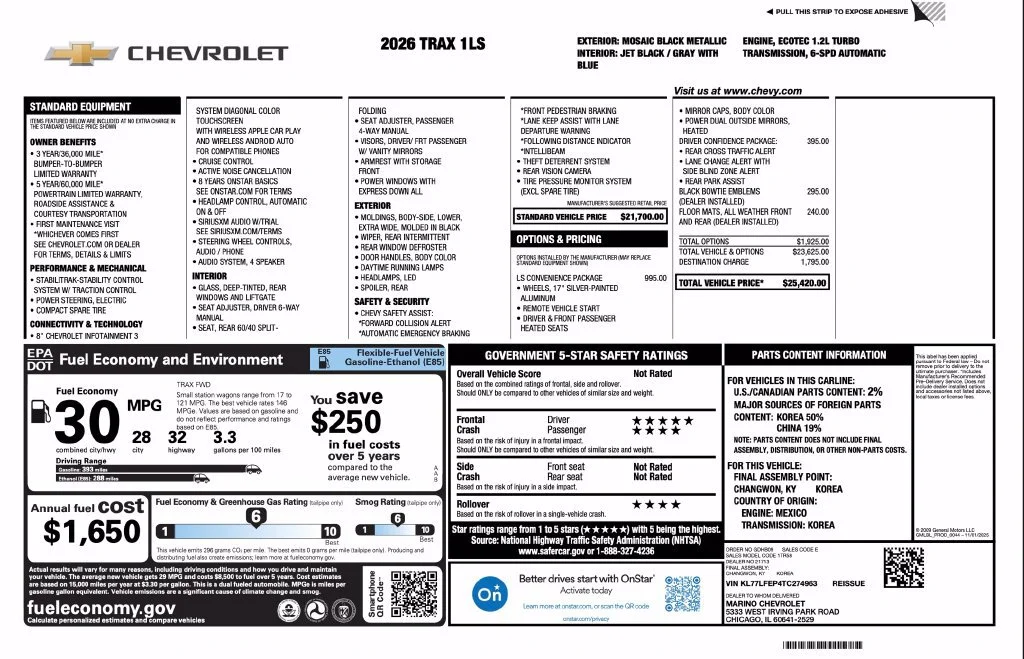 New 2026 Mosaic Black Metallic Chevrolet LS image 2