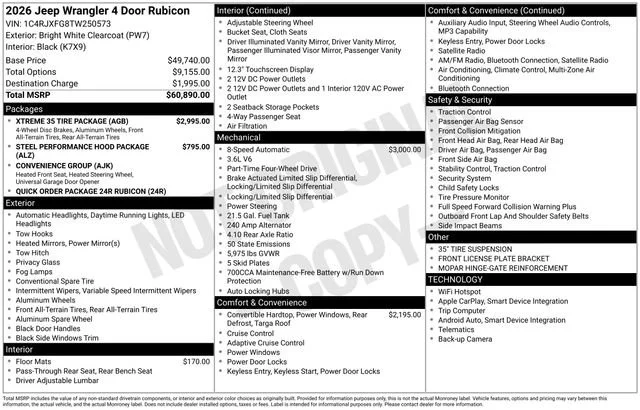 New 2026 Bright White Clear-Coat Exterior Paint Jeep Rubicon image 30