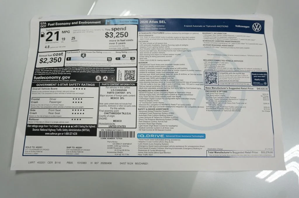 New 2026 Opal White Volkswagen 2.0T SEL image 41
