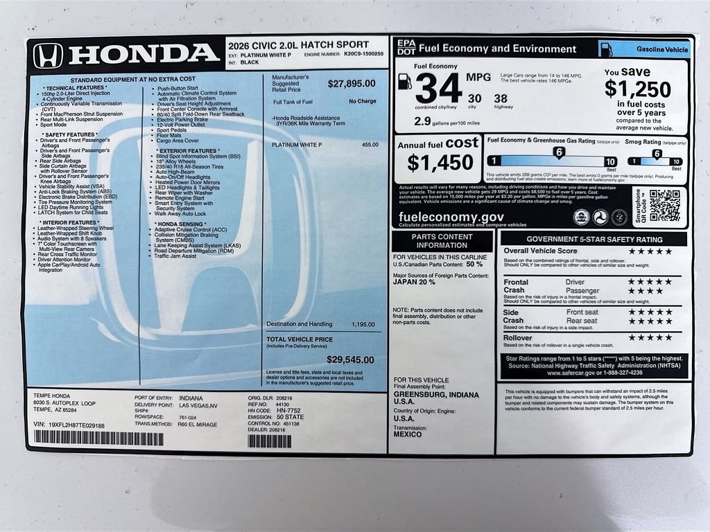 New 2026 Platinum White Pearl Honda Sport image 9