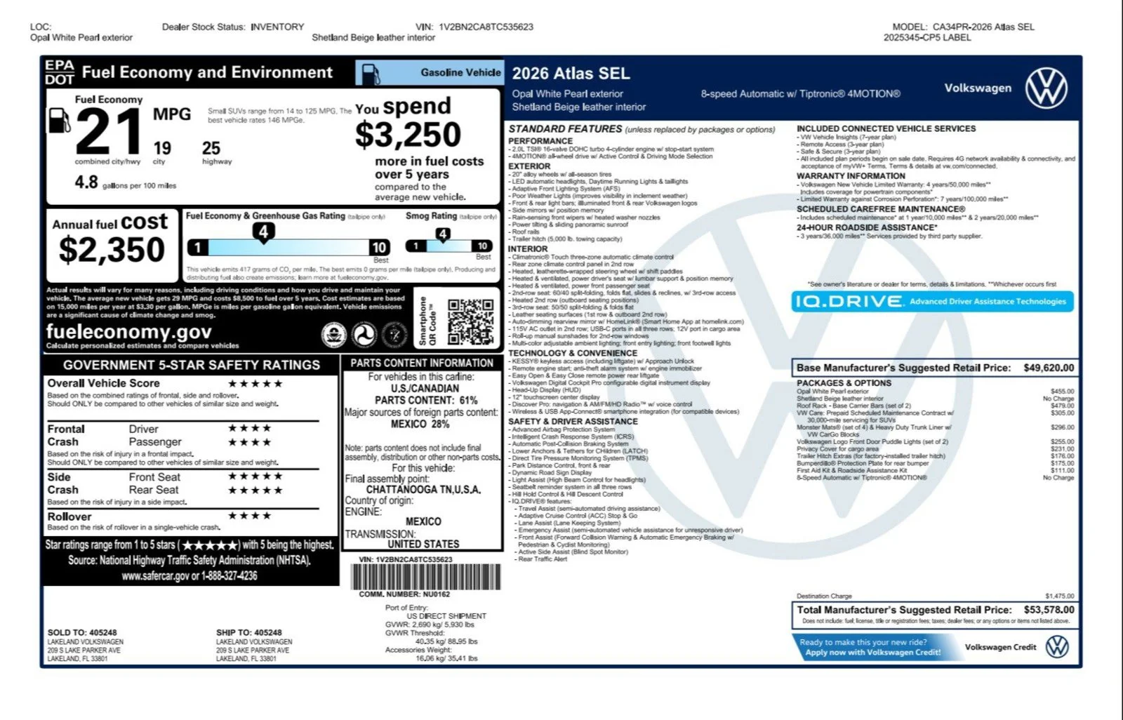 New 2026 Opal White Pearl Volkswagen 2.0T SEL image 4