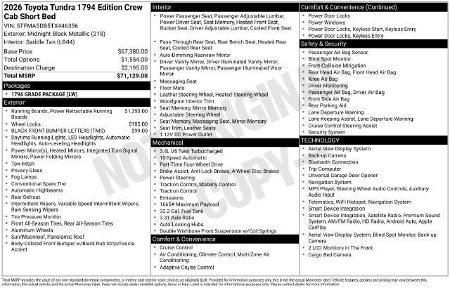 New 2026 Midnight Black Metallic Toyota  1794 Edition image 32