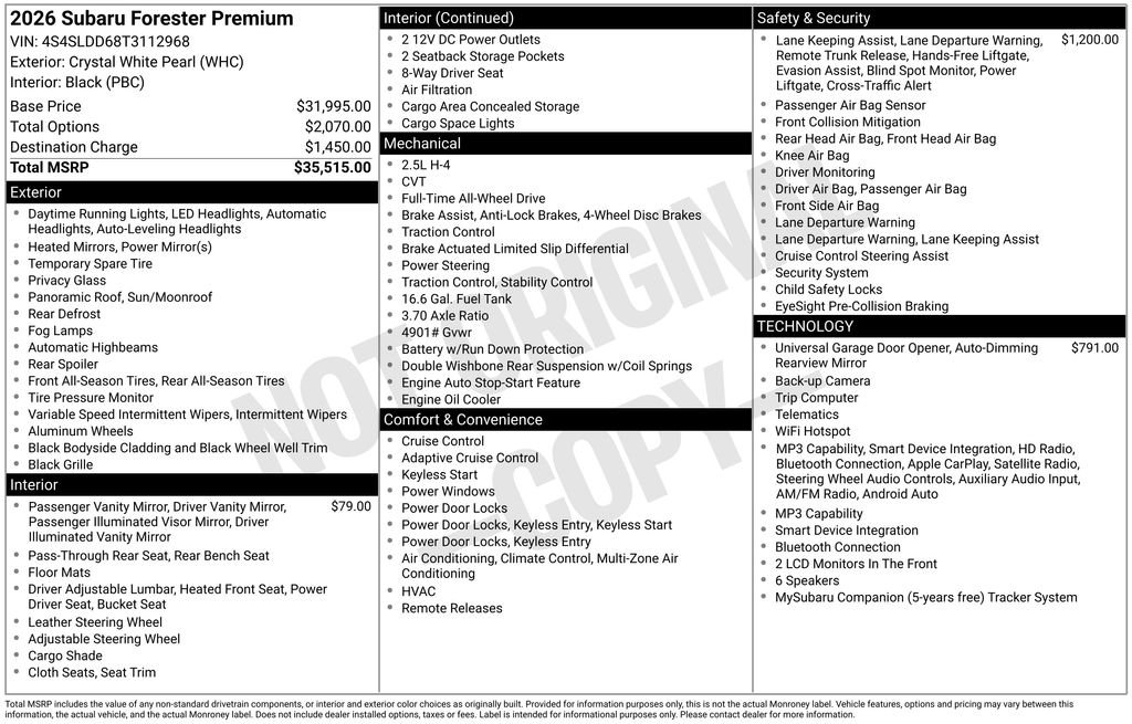 New 2026 CRYSTAL WHITE PEARL Subaru Premium image 1
