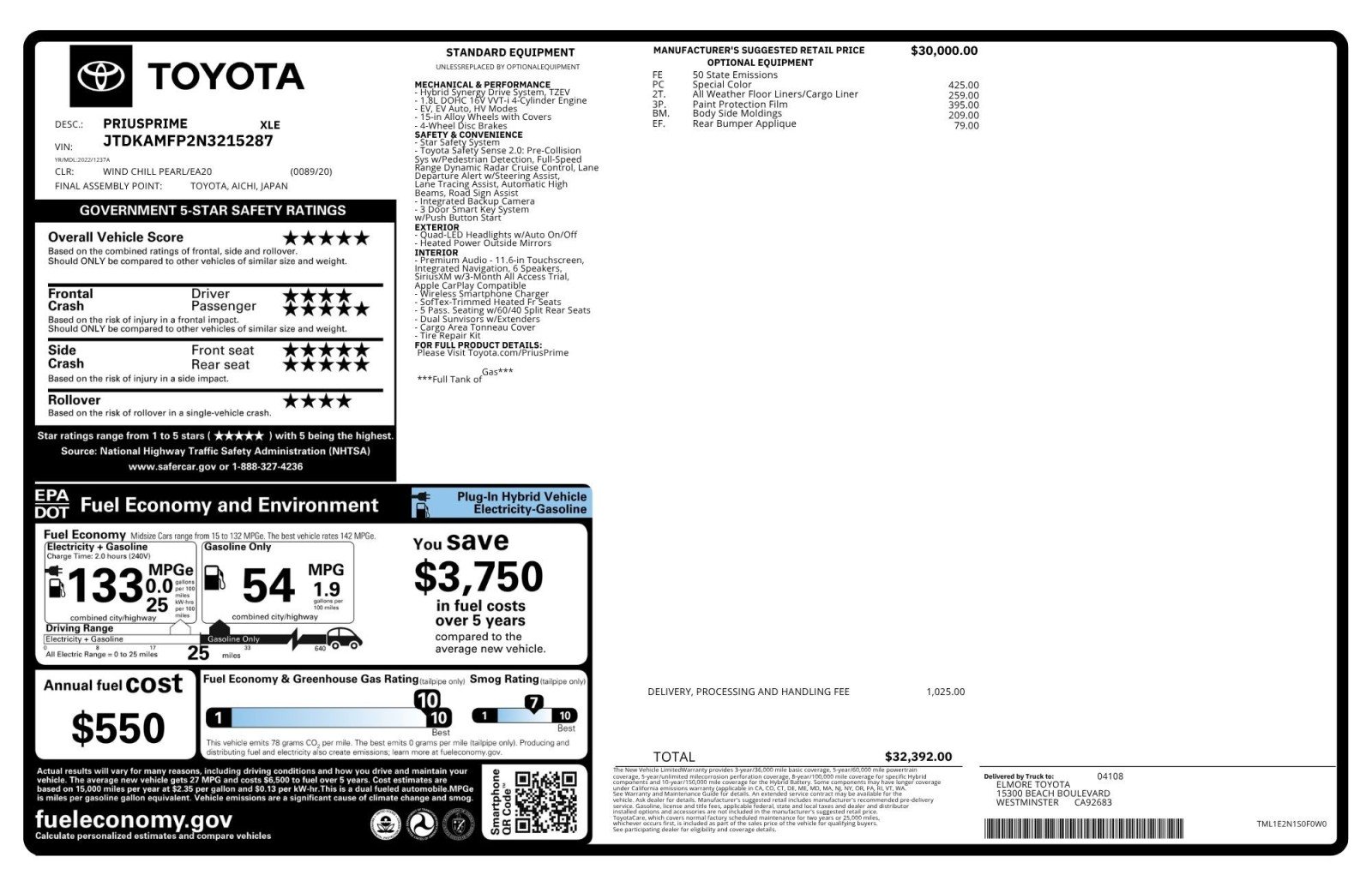 Used 2022 Toyota Prius Prime XLE with VIN JTDKAMFP2N3215287 for sale in Ontario, CA