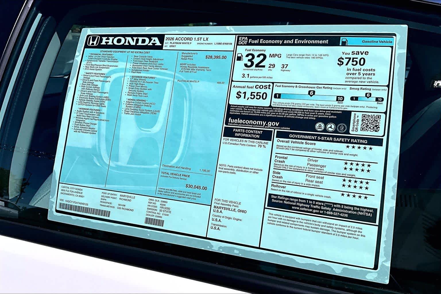 New 2026 Platinum White Pearl Honda LX image 21