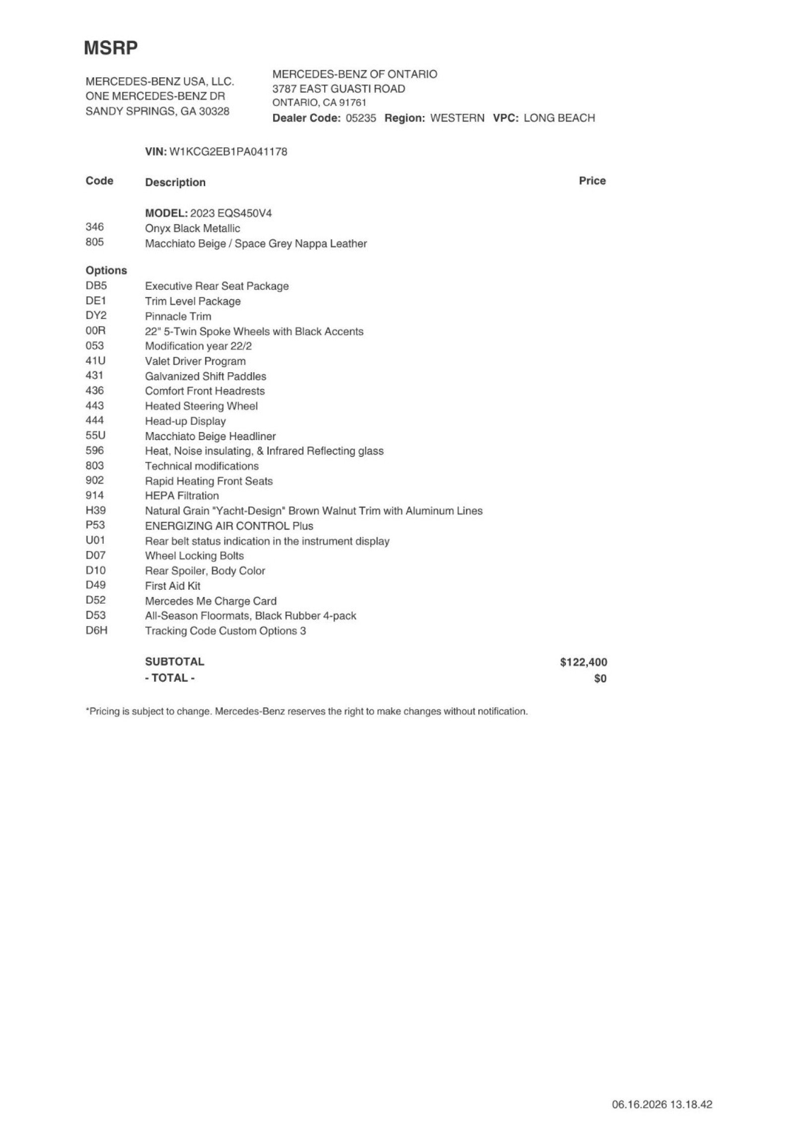 Certified 2023 Mercedes-Benz EQS Base with VIN W1KCG2EB1PA041178 for sale in Ontario, CA
