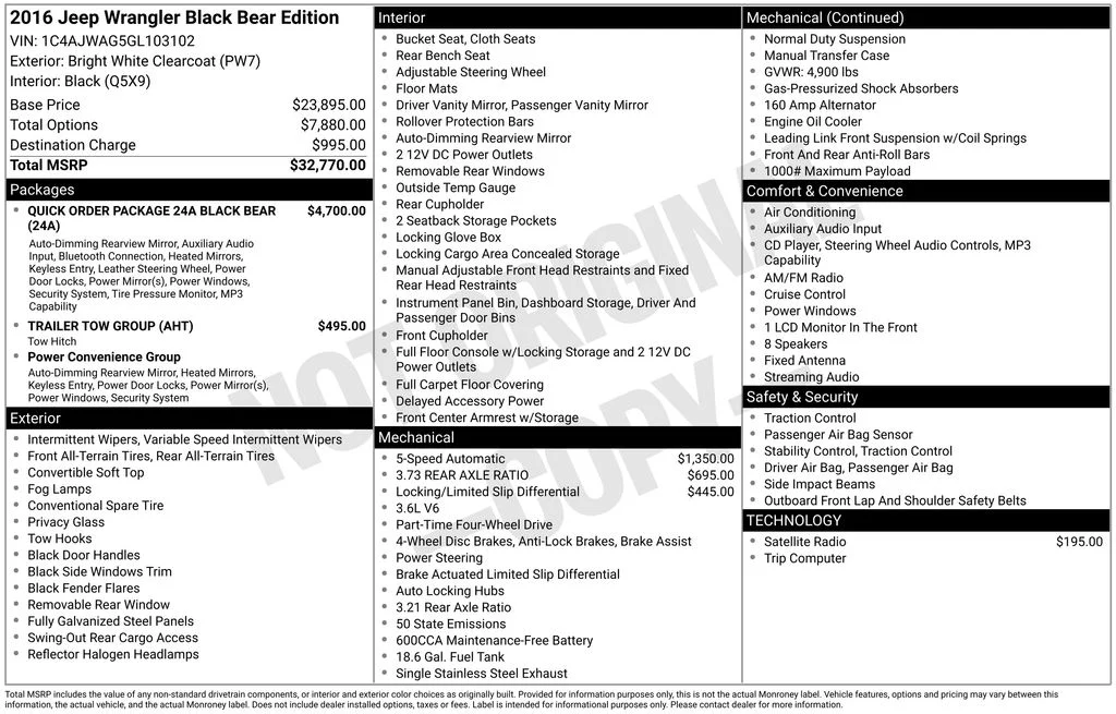 Used 2016 Jeep Wrangler Black Bear with VIN 1C4AJWAG5GL103102 for sale in New Smyrna Beach, FL