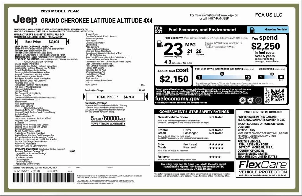 New 2026 Bright White Clear-Coat Exterior Paint Jeep Laredo Altitude image 2