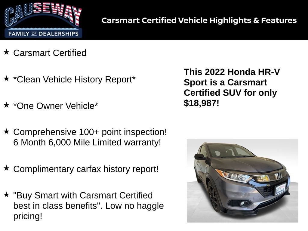 Certified 2022 Honda HR-V Sport with VIN 3CZRU6H17NM707848 for sale in Stafford Township, NJ