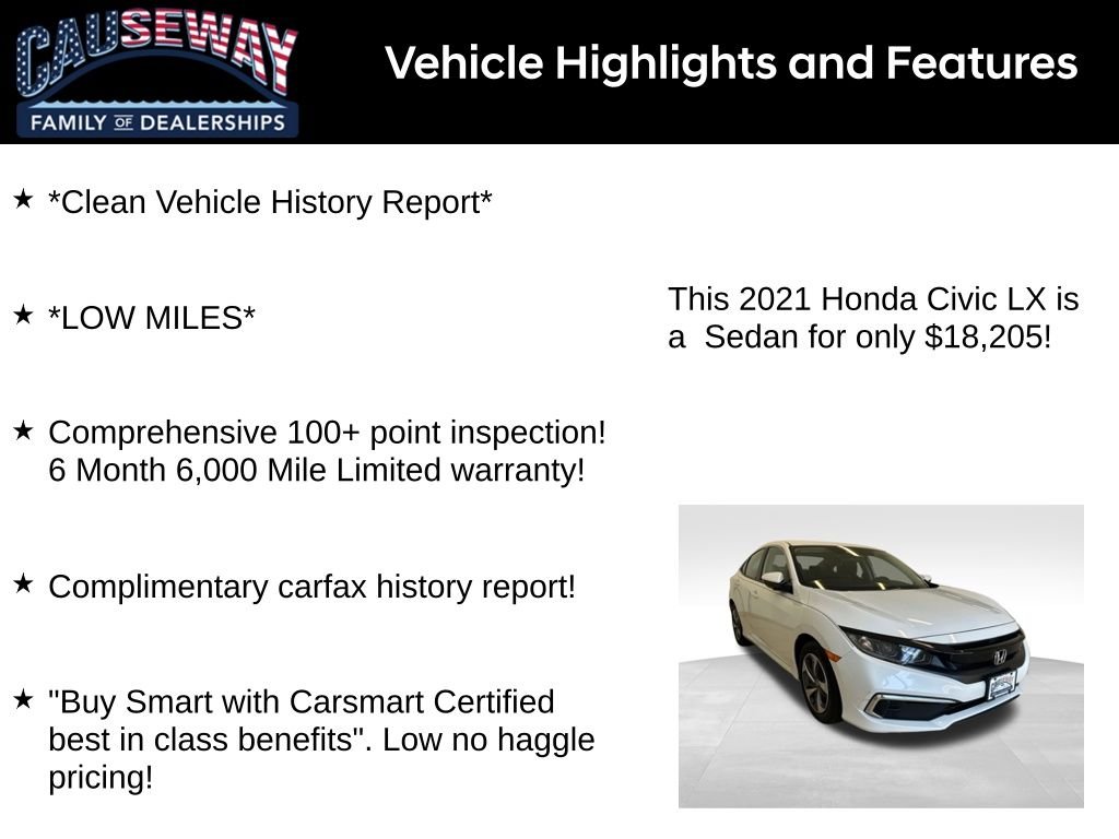 Used 2021 Honda Civic LX with VIN 2HGFC2F68MH527179 for sale in Stafford Township, NJ